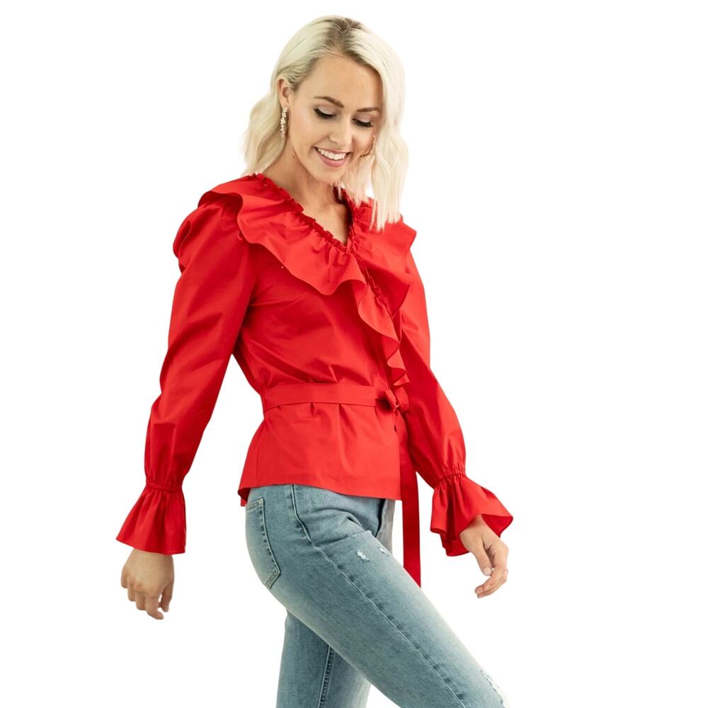 RACHEL PARCEL Women’s Red Ruffle Front Wrap Long Sleeve Top XL